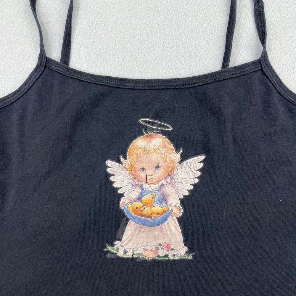 Vintage Y2K Black Cherub Angel Graphic Camisole Spaghetti Strap Tank Top XL - Picture 4 of 11